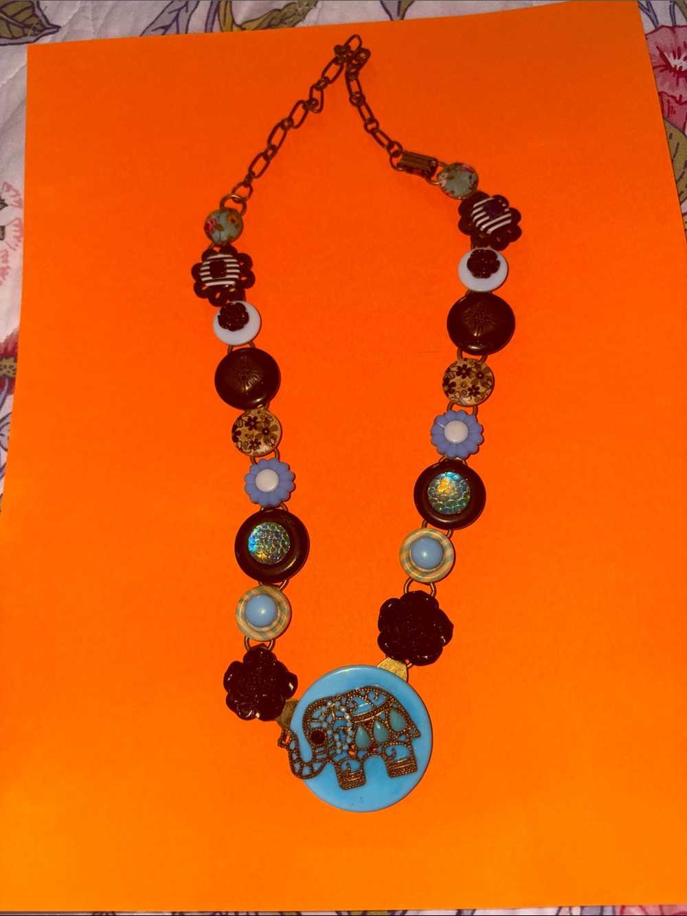 Blue Elephant Pendant Statement Necklace - Women Jewelry. Made from buttons.